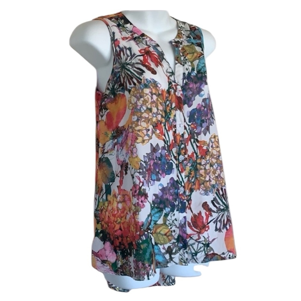 SPENSE top women's 10, colorful floral, button front, sleeveless, long tail, EUC